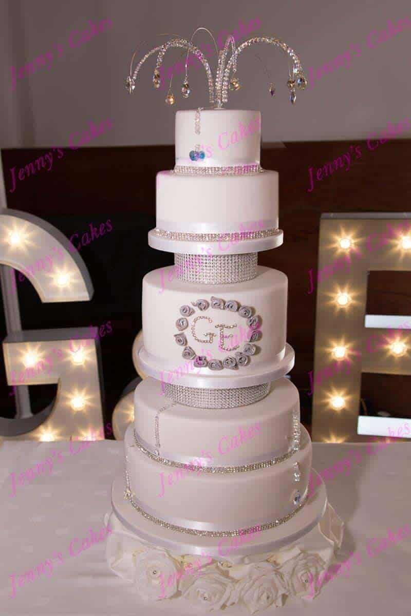 Six Tier Designer Wedding Cake with Crystal Initials